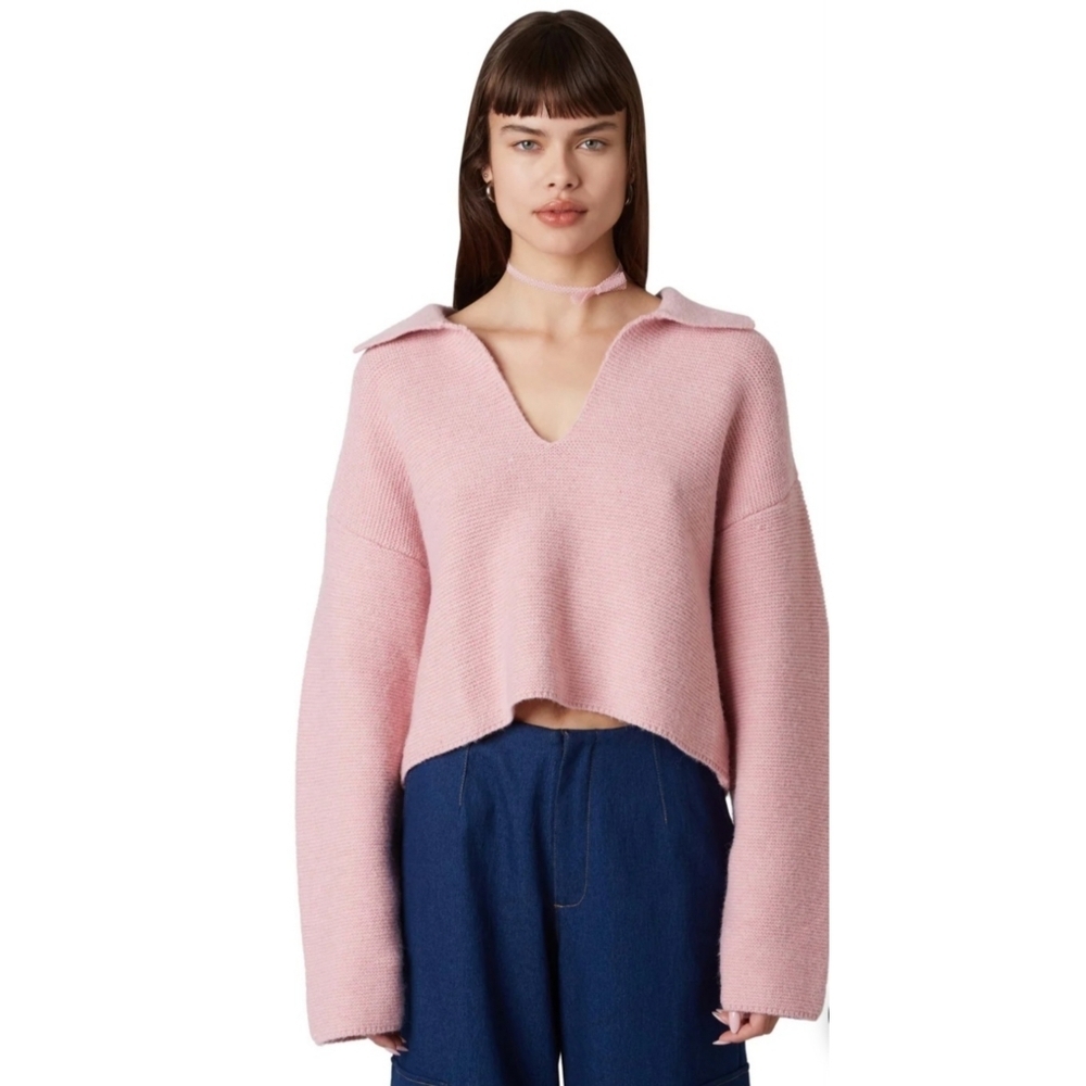 NEW Woman's Drop Shoulder Open Collar Cropped Sweater